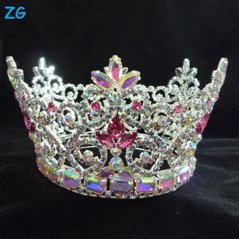 beauty ab crystal pageant queen crowns pink jewelry tiara wedding round crown pageant crowns