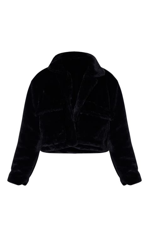 black faux fur cropped pocket jacket prettylittlething usa
