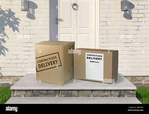 Contactless Delivery Concept Touch Free Shipping Cardboard Boxes On
