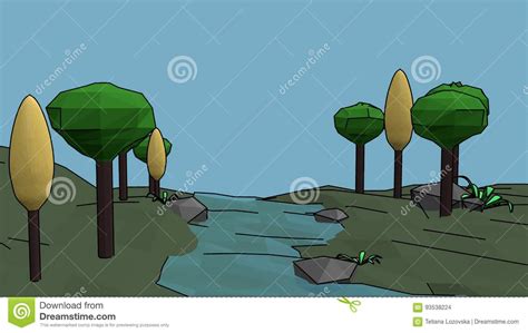 Low Polygonal Geometric Trees Near The River Stock Illustration