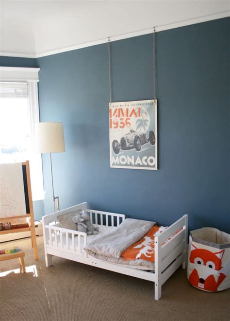 Kids Room Dark Blue Wall Paint With Artwork Decor Feat Modern White