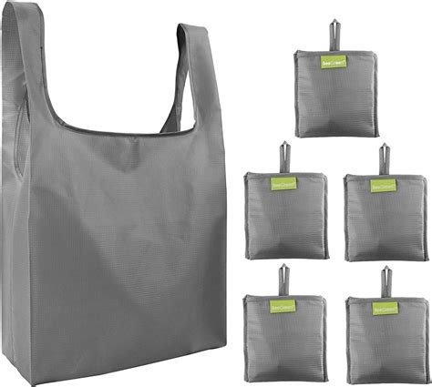 Foldable Reusable Grocery Bags Shopping 5 Bags Grey With Pocket Eco