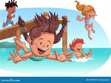 Group Of Children Jumping From Wooden Pier Into The Water Stock Vector
