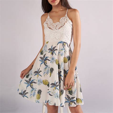 Pineapple Floral Summer Dress Women 2018 Sexy Spaghetti Strap Sleeveless Backless Lace Patchwork