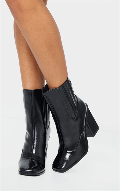 Black Patent High Block Heel Chelsea Boots Prettylittlething Ca