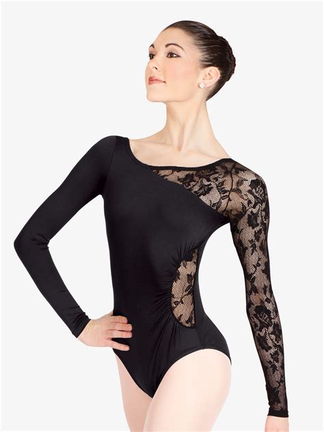 Womens Long Sleeve Leotard With Lace Sleeve And Insert Fashion Leotards Natalie N