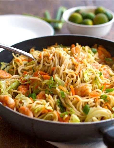 Stir Fried Noodles With Shrimp And Vegetables Filipino Pancit Canton