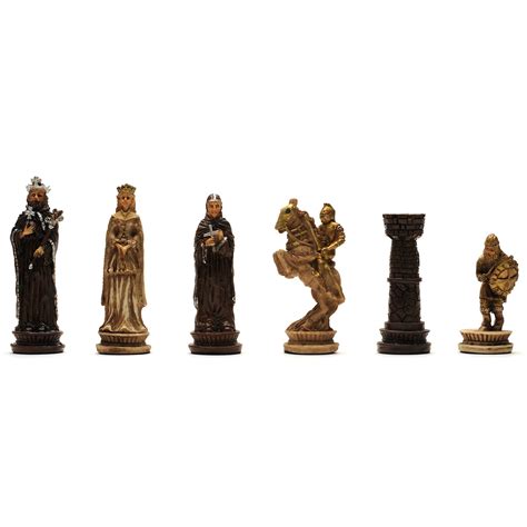 Medieval Chess Set Handpainted Pieces And Walnut Root Board 17 In