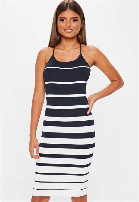 Missguided Synthetic Navy Knitted Stripe Mini Dress In Blue Lyst