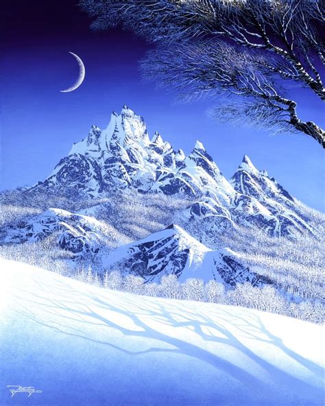 A Painting Of Snow Covered Mountains And Trees With The Moon In The Sky