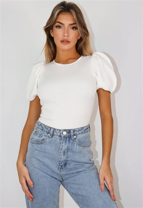 White Rib Knit Puff Sleeve Top Missguided