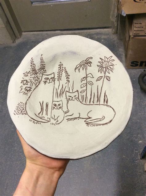 Sgraffito Cats On Black Clay And White Slip Plate Clay Plates Clay