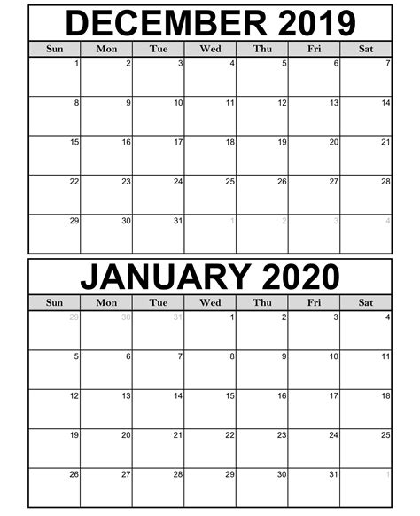 December January Printable Calendar