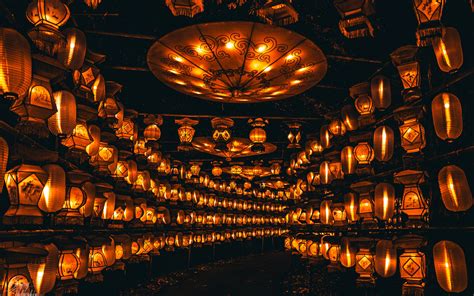 Download Wallpaper 3840x2400 Chinese Lanterns Lanterns Light Dark 4k