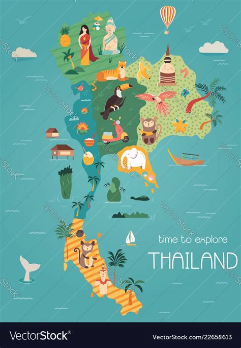 Thailand Cartoon Map With Destinations Elements Vector Image