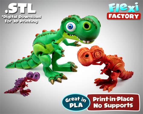 Cute Flexi Print In Place T Rex Dinosaur Stl File For 3d Etsy