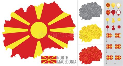 North Macedonia Vector Map With Flag Globe And Icons On White