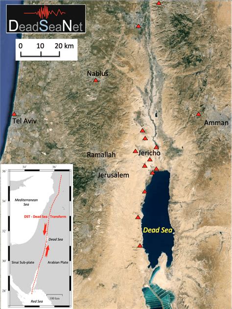 Map Of The Dead Sea Region With Location Of Deadseanet Mini Arrays Red