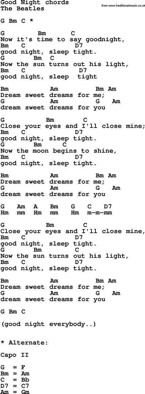 Song Lyrics With Guitar Chords For Good Night The Beatles