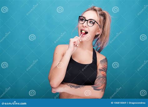Blonde Woman With A Lollipop In Her Mouth Stock Image Image Of Glamour Model