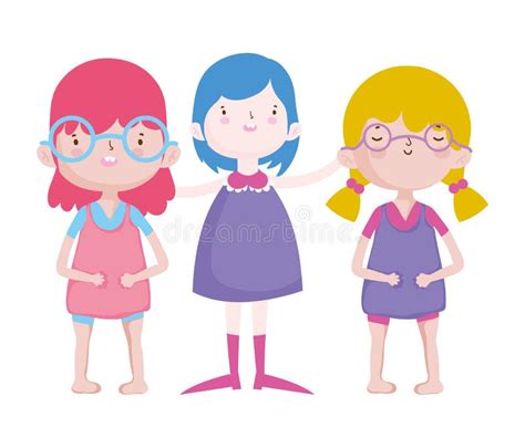 Group Little Girls Friends Cartoon Character Stock Vector