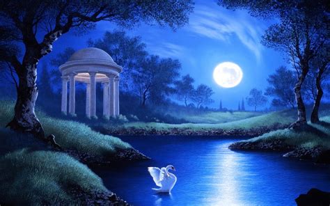 Download Blue Moon Gazebo Garden Lake Swan Fantasy Artistic Night Hd