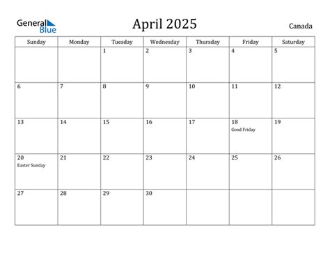 Canada April 2025 Calendar With Holidays