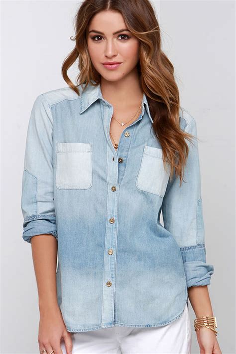 Jean Button Up Top Light Wash Jean Shirt Long Sleeve Shirt 8400