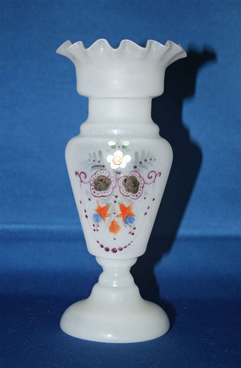 Antique Bristol Glass White Ruffle Top Bud Vase Victorian Hand Blown Hand Semi Opaque Opaline