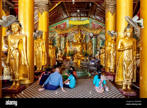 Burmese People Praying At The Shwedagon Pagoda Yangon Myanmar Stock