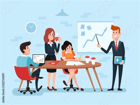 Office Teamwork Or Business Meeting Busy Corporate Cartoon Workers