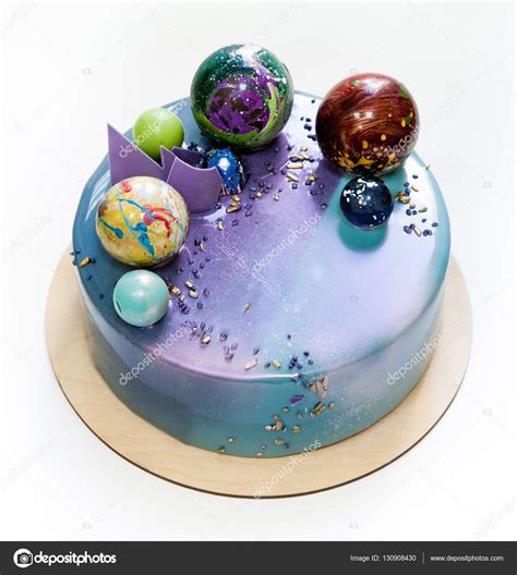 Modern Trendy Mousse Cake With Violet Blue Marble Mirror Glaze On A