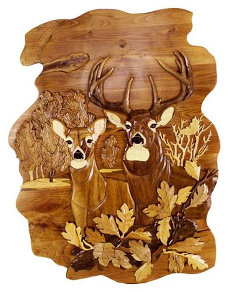 Deer In Woods Hand Crafted Intarsia Wood Art Wall Hanging 30 X 38 X 25