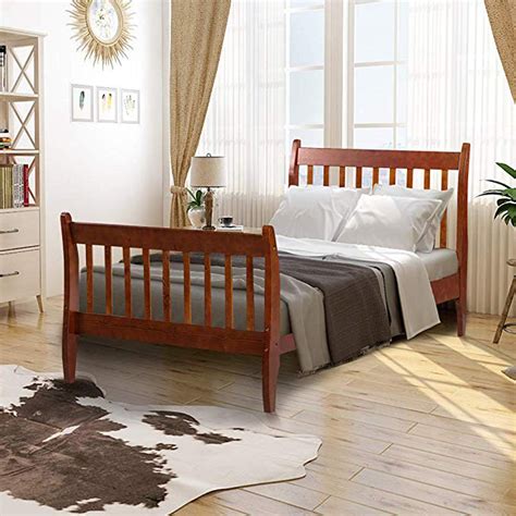 Kepooman Twin Size Bed Frame With Solid Wood Slat Support Walnut