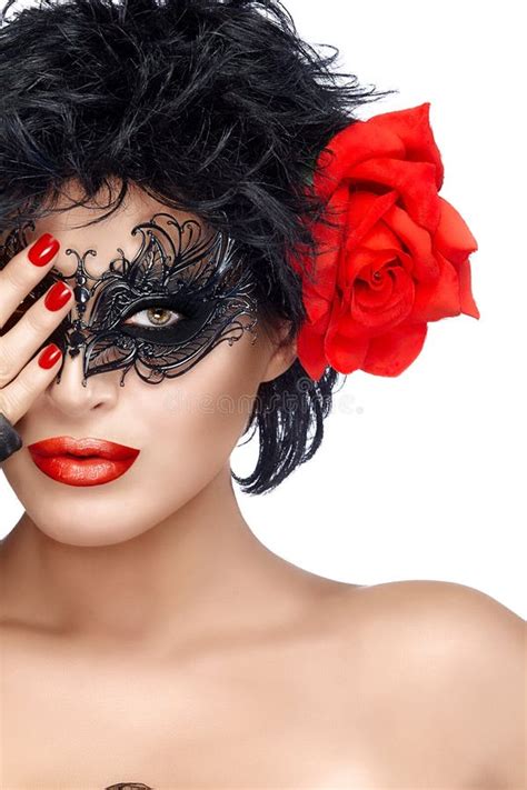 Beauty Fashion Woman With Elegant Mask Red Lips And Manicure Stock