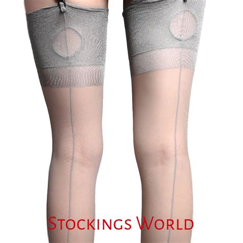 Fully Fashioned Stockings Nylons Seamed Cuban Heel Key Hole Welt Grey M L New Ebay