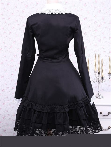 Cheap Black Cotton Lace Trim Long Sleeves Bow Gothic Lolita Dress Sale