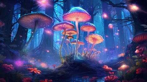 A Whimsical Forest Filled With Oversized Mushrooms And Bioluminescent