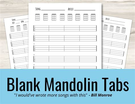 Mandolin Blank Tabs And Chords Chart Instant Download Blank Sheet Music
