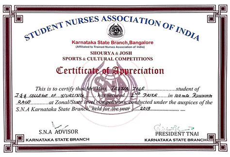 Sna Zonal Competition Certificates Jss College Of Nursing Mysuru