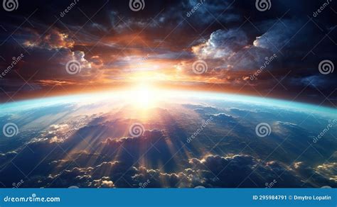 Sunrise Or Sunset Over Planet Earth Clouds And Atmosphere In Rays Of