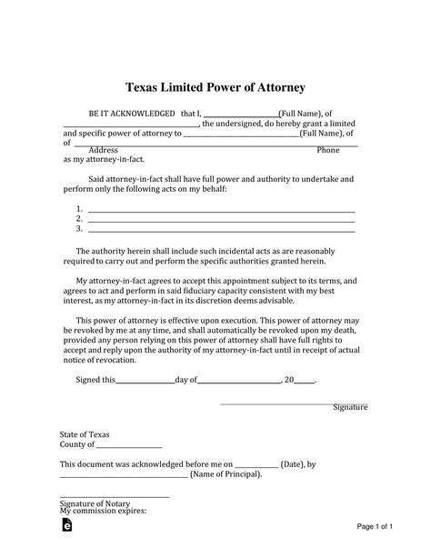 Free Texas Limited Power Of Attorney Form Pdf Word Eforms