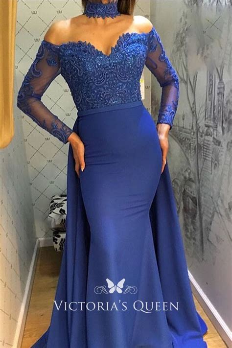 royal blue curved off the shoulder long sleeve mermaid prom gown with overskirt vq