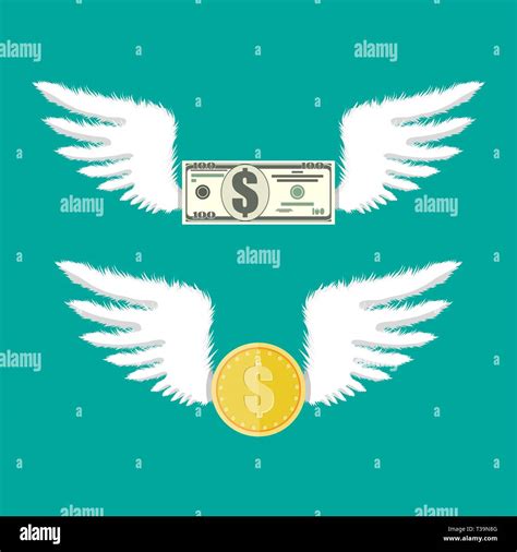 Golden Coin And Dollar Bill With Wings Vector Illustration In Flat