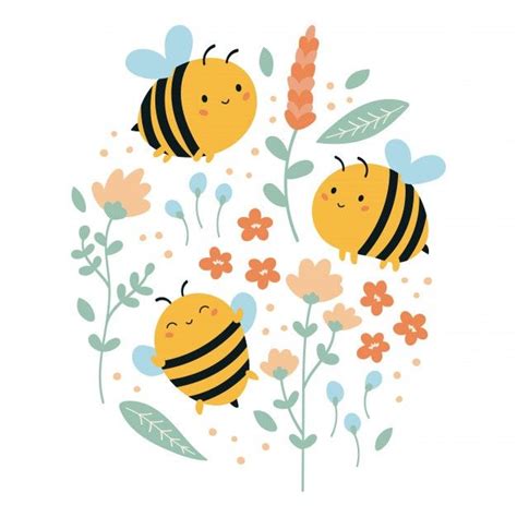 Set Of Funny Kawaii Bees With Flowers And Leaves Summer Illustration