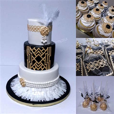 A stunning great gatsby inspired wedding cake with black and gold geometric patterns, white sugar feathers and sugar tassles. Great Gatsby Cake - CakeCentral.com