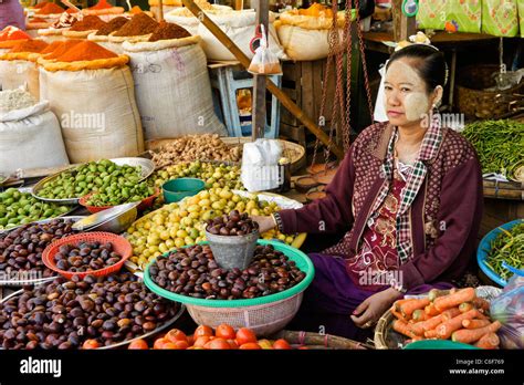 Woman Selling Produce In Market Bago Pegu Myanmar Burma Stock