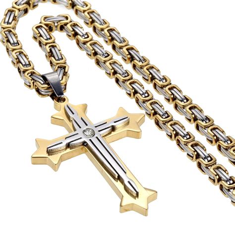 Hermah Mens Byzantine Box Stainless Steel Cross Pendant Necklace