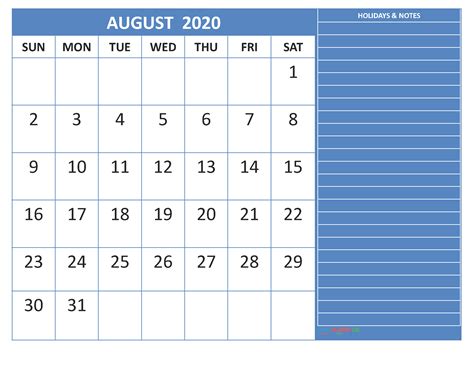 August 2020 Calendar With Holidays Word Pdf
