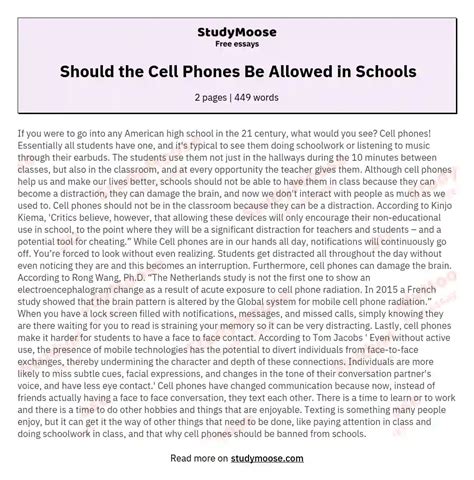 Should The Cell Phones Be Allowed In Schools Free Essay Example